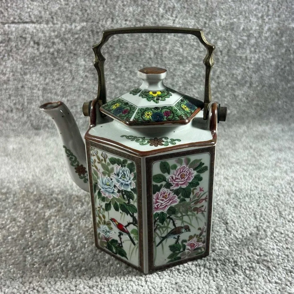 Andrea by Sadek Teapot White Floral Bird Hexagonal Brass Handle Japan Vintage